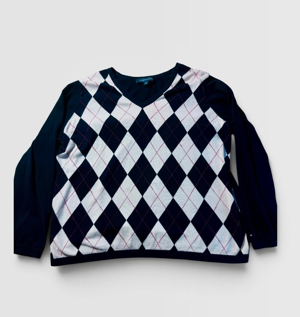 Tommy Hilfiger Argyle V-Neck Sweater Women’s XL Navy White Red Preppy